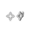 The VENETIAN PRINCESS PAVE DIAMOND MEDIUM FLOWER STUD EARRINGS by Roberto Coin are silver, four-petal flower studs featuring sparkling pavé diamonds and a central cut-out, offering timeless elegance.