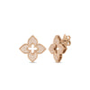 The Roberto Coin VENETIAN PRINCESS PAVE DIAMOND MEDIUM FLOWER STUD EARRINGS feature four-petal flower shapes in 18K gold with pavé diamond studs and a central cutout, shown against a plain white background.