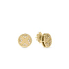 The VENETIAN MEDALLIONS SMALL STUD EARRINGS by Roberto Coin in 18K yellow gold feature a twisted rope border and scattered diamonds. Displayed on a plain white background, one earring faces forward while the other shows its side and back post.