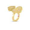 The VENETIAN PRINCESS DOUBLE HEART MEDALLION RING by Roberto Coin features 18K yellow gold, a double heart medallion with diamonds, a pink gemstone on the band, and is beautifully showcased against a white background.