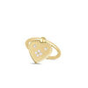 The VENETIAN PRINCESS SMALL HEART MEDALLION RING by Roberto Coin is crafted in 18K yellow gold, featuring a heart-shaped centerpiece with a textured border, five small diamonds, and a polished, elegant finish.