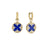 The VENETIAN MEDALLIONS SMALL DROP EARRINGS by Roberto Coin feature round blue stones and white gems in a floral 18K yellow gold setting with detailed borders, resembling diamond dangle earrings, elegantly displayed on a white background.