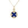 The VENETIAN MEDALLIONS MEDIUM PENDANT NECKLACE by Roberto Coin showcases a round deep blue pendant with diamond accents in a floral pattern, framed by textured 18K yellow gold and suspended from a delicate gold chain.