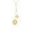 Gold necklace with a flower pendant and medallion pendant on a white background