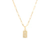 Yellow gold necklace with a rectangular pendant on a white background.