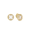The VENETIAN MEDALLIONS SMALL STUD EARRINGS by Roberto Coin are crafted in 18K yellow gold with a twisted rope border, a white enamel center, and sparkling diamonds in a decorative pattern.