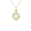 The VENETIAN MEDALLIONS MEDIUM PENDANT NECKLACE by Roberto Coin features 18K yellow gold, a round white mother-of-pearl center with sparkling diamonds and a decorative gold border, displayed on a delicate gold chain against a white background.