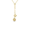 Yellow gold necklace with two dangling pendants on a white background