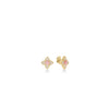 Gold earrings with pink stones and diamonds on a white background