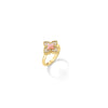 Side view of gold ring with a pink stone and diamonds on a white background