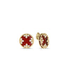 The Roberto Coin VENETIAN MEDALLIONS MEDIUM STUD EARRINGS feature 18K yellow gold, red enamel centers, diamond-accented floral motifs, and decorative gold edging, displayed front and side on a white background.