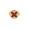 The VENETIAN MEDALLIONS MEDIUM REVERSIBLE RING by Roberto Coin is crafted in 18K yellow gold with a round red center, twisted rope border, and white gemstones forming a floral diamond pattern for an elegant statement.