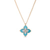 The Roberto Coin GOLD VENETIAN PRINCESS Diamond and Turquoise Flower Long Necklace showcases a four-petal turquoise flower pendant with diamond accents, elegantly hanging from a fine 18K gold chain.