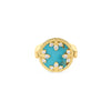 The VENETIAN MEDALLIONS MEDIUM REVERSIBLE RING by Roberto Coin features 18K yellow gold, a round turquoise center, a gold rope border, and floral clusters of diamonds—an elegant statement piece.