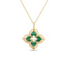 The VENETIAN PRINCESS PIROUETTE MEDIUM FLOWER NECKLACE by Roberto Coin features a four-petal clover-shaped pendant in 18K yellow gold, accented with green and white enamel and a diamond—showcasing Italian craftsmanship.