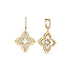 The VENETIAN PRINCESS PIROUETTE PAVE MEDIUM FLOWER DROP EARRINGS by Roberto Coin feature 18K gold with a floral motif, diamond accents on one side, and white enamel inlays on the other, set against a white background.