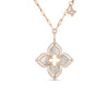 The VENETIAN PRINCESS PIROUETTE LARGE FLOWER NECKLACE by Roberto Coin features a four-petal flower pendant with mother-of-pearl inlays and diamond accents, all crafted in 18K gold on a delicate chain.