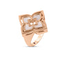 The VENETIAN PRINCESS PIROUETTE MEDIUM FLOWER RING by Roberto Coin features a square, four-petal flower with white enamel inlays, a central round cutout, and a smooth polished 18K gold band for an elegant look.