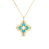 The VENETIAN PRINCESS PIROUETTE MEDIUM FLOWER NECKLACE by Roberto Coin, crafted in 18K yellow gold with turquoise enamel petals and a diamond on the loop, highlights exquisite Italian artistry against a white backdrop.