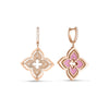 The VENETIAN PRINCESS PIROUETTE Medium Flower Drop Earrings by Roberto Coin Staging feature 18K gold, one with a pink enamel center and the other with diamond accents, both sparkling with small diamonds along the hoops.