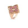The VENETIAN PRINCESS PIROUETTE MEDIUM FLOWER RING by Roberto Coin features a bold, flower-shaped design with pink enamel petals and central cutouts, elegantly displayed against a white background.