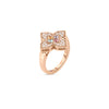 The Roberto Coin VENETIAN PRINCESS CARNIVAL PAVE DIAMOND AND MIXED STONES LARGE FLOWER RING in 18K rose gold features a flower design with petal-shaped diamond pavé and colorful center stones, shown on a white background.