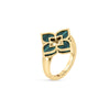 The VENETIAN PRINCESS SMALL MALACHITE FLOWER RING by Roberto Coin features 18K yellow gold, a malachite flower with four green enamel petals, and a central diamond accent.