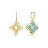 The VENETIAN PRINCESS PIROUETTE MEDIUM FLOWER DROP EARRINGS by Roberto Coin Staging feature asymmetric 18K gold florals—one with a matte finish and diamonds, the other blue enamel and diamond accents—both suspended from diamond-studded hoops.