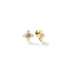 The LOVE IN VERONA SMALL DIAMOND AND ENAMEL FLOWER STUD EARRINGS by Roberto Coin feature gold four-petal flowers with white enamel and round diamonds in each petal, shown against a white background.