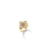 The Roberto Coin Venetian Princess Carnival Diamond and Rubellite Large Flower Ring features a floral design in 18K yellow gold, with petals adorned by sparkling diamonds and pink rubellite gems, displayed on a white background.