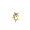 The Roberto Coin Venetian Princess Carnival Diamond and Rubellite Double Flower Ring in 18K yellow gold showcases diamond-encrusted petals with a pink rubellite cluster at the center, displayed on a plain white background.
