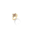 The Roberto Coin VENETIAN PRINCESS CARNIVAL DIAMOND AND RUBELLITE MEDIUM FLOWER RING showcases a four-petal flower in 18K yellow gold with pink and white diamonds, displayed on a white background with a soft shadow.