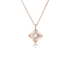 The VENETIAN PRINCESS PIROUETTE PAVE SMALL FLOWER NECKLACE by Roberto Coin features a symmetrical four-petal flower pendant in 18K rose gold, sparkling pavé diamonds, and a delicate chain, shown on a white background.
