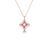 The VENETIAN PRINCESS PIROUETTE PAVE SMALL FLOWER NECKLACE by Roberto Coin features a delicate 18K rose gold chain and a four-petal flower pendant with pink enamel and a white center, shown on a white background.