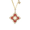 The VENETIAN PRINCESS PIROUETTE LARGE FLOWER NECKLACE by Roberto Coin features a red enamel four-petal floral pendant outlined with diamonds on an 18K gold chain, highlighting Italian craftsmanship.
