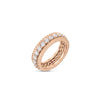 The Roberto Coin SIENA DIAMOND 1 ROW RING is an 18K rose gold stacking ring featuring a row of round white diamonds, intricate beaded detailing, and a signature red gemstone on the inner band, shown on a white background.