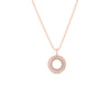 The SIENA LARGE DIAMOND CIRCLE NECKLACE by Roberto Coin is an 18K rose gold necklace with a diamond circle pendant featuring two concentric sparkling rings on a delicate chain, ideal as statement jewelry.