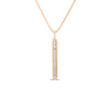 The Roberto Coin SIENA DIAMOND TABLET NECKLACE is a delicate 18K gold piece featuring a vertical rectangular pendant adorned with sparkling white diamonds, offering elegant and timeless style.