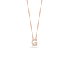 The Roberto Coin TINY TREASURES DIAMOND LOVE LETTER NECKLACE features a rose gold G-shaped diamond pendant with white gemstones, shown against a plain white background.