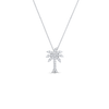 The Roberto Coin TINY TREASURES LARGE DIAMOND PALM TREE NECKLACE showcases a delicate silver chain with a sparkling diamond palm tree pendant, accented by clear gemstones and displayed on a plain white background.
