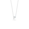 The Roberto Coin TINY TREASURES DIAMOND LOVE LETTER NECKLACE features a silver letter P pendant adorned with sparkling diamonds, elegantly showcased on a plain white background.