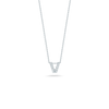 The Roberto Coin TINY TREASURES DIAMOND LOVE LETTER NECKLACE is a delicate silver chain with a V-shaped diamond pendant accented by clear gemstones, showcased against a simple white background.