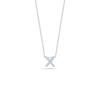 The Roberto Coin TINY TREASURES DIAMOND LOVE LETTER NECKLACE features a delicate silver chain and a diamond-studded X pendant, showcased against a plain white background.