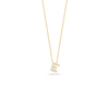 The Roberto Coin TINY TREASURES DIAMOND LOVE LETTER NECKLACE features a gold chain with an “E” pendant set with sparkling diamonds, shown against a plain white background.