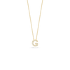 The TINY TREASURES DIAMOND LOVE LETTER NECKLACE by Roberto Coin features a G-shaped diamond pendant on a delicate 18K gold chain, adorned with sparkling white stones, shown against a plain white background.