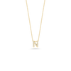 The Roberto Coin TINY TREASURES DIAMOND LOVE LETTER NECKLACE showcases an 18K gold chain with an N-shaped pendant adorned with sparkling diamonds, beautifully displayed on a plain white background.