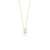 The Roberto Coin TINY TREASURES DIAMOND LOVE LETTER NECKLACE features an “S”-shaped diamond pendant on an 18K gold chain, showcased against a plain white background.