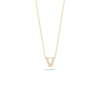 The Roberto Coin TINY TREASURES DIAMOND LOVE LETTER NECKLACE features a fine 18K gold chain and a diamond-studded V-shaped pendant, shown against a plain white background.