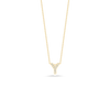 The Roberto Coin TINY TREASURES DIAMOND LOVE LETTER NECKLACE features a delicate 18K gold chain with a diamond-studded letter Y pendant, elegantly displayed against a plain white background.